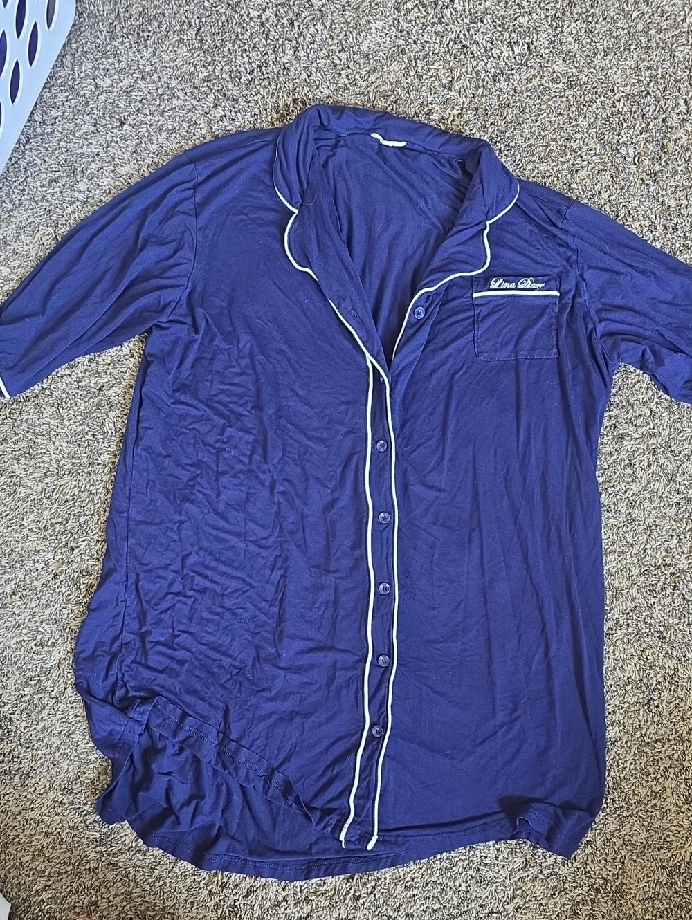 Women's Navy Button-Front Pajama Sleep Shirt with White Piping